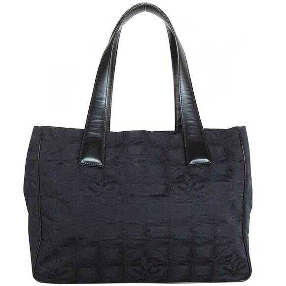 Auth CHANEL New travel line Tote Bag black Nylon jacquard/leather